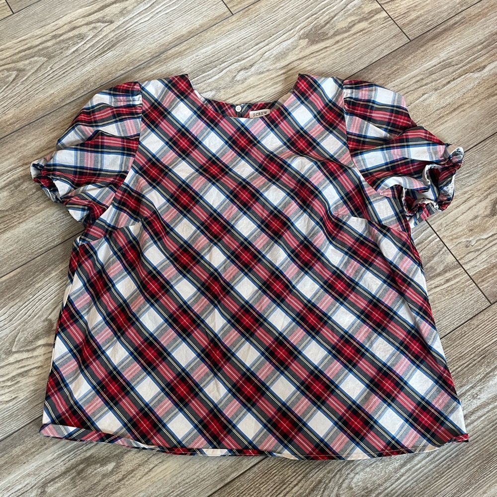J. Crew tartan Plaid Puff Sleeve Top